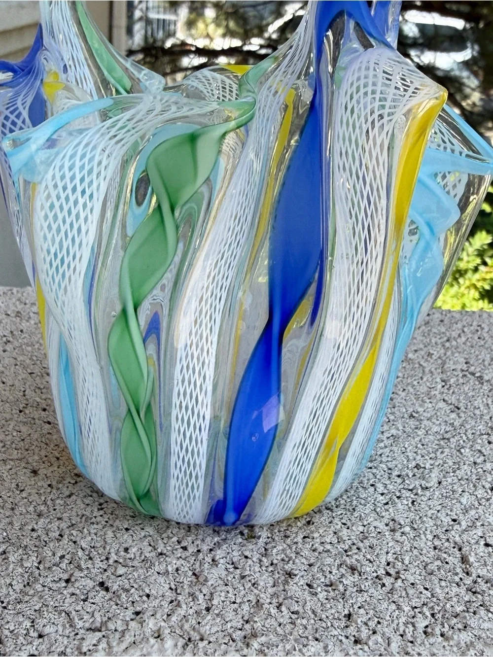 Murano Latticino Blue Green Yellow & White Ribbon Blown Glass Bowl Handkerchief